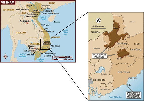 Location of bauxite deposits in Lam Dong and Dak Nong Provinces